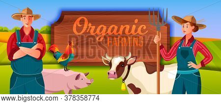 Farm vector illustration with woman, man, pig, cow, cockerel, wooden signboard. Agriculture background with farmer, animals, woman holding pitchfork, green hills, young happy couple