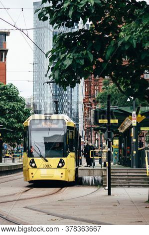 Manchester, England, Uk - 24 July, 2020 City Centre Of Manchester, Empty Metrolink Tram Stop At St P