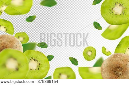 3d Realistic Kiwi With Green Leaf. Ripe Kiwi Fruit In Motion. Beautiful Kiwi Background. Falling Kiw