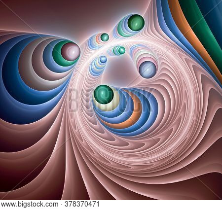 Round Elements Tend Upward And Leave Tracks Behind. Abstract Fractal Colorful Background With Balls,