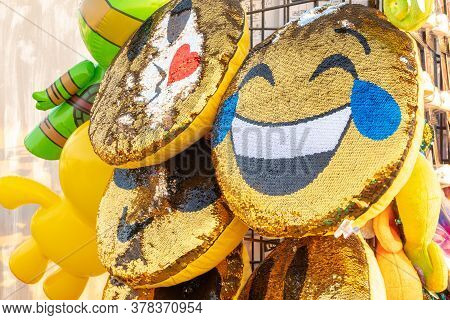 Los Angeles, California - October 09 2018: Smiley / Smile Face Emoji Pillows, 3d Round Cushions For 