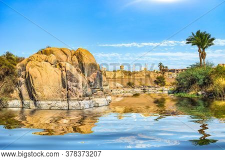 Rock On River Nile In Aswan At Sunny Day, Egypt