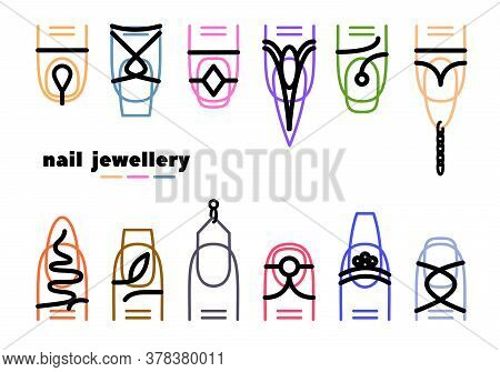 Phalanx Or Nail Rings. Trendy Simple Line Design. Nail Piercing With Chain And Gem.