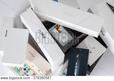 Rostov-on-don, Rostov Region / Russia - July, 2020: Many White And Black Cardboard Boxes With Apple 