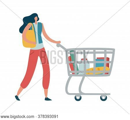 Woman Shopper With Shopping Cart. Modern Female Character With Trolley Full Of Products And Holding 