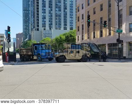 Chicago, Il June 2nd, 2020, Salt Truck And National Guard Troops And Humvee Blocking The Intersectio