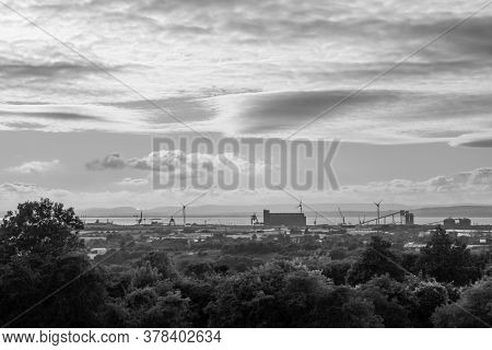 Scenic Landscape Of The Avonmouth And The Severn Channel From A Bristol Countryside With Dramatic Sk