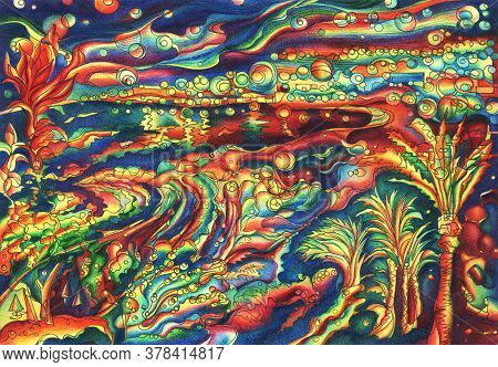 Night Beach Landscape With Stars, City Lights And Resort Town Palm Trees. Abstract Illustration.