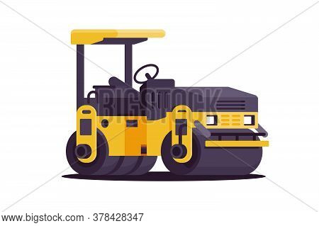 Modern Urban Asphalt Paver Car At Work In Web Site Style. Isolated Concept Heavy Vehicle At Building