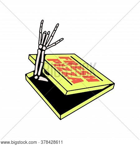 Fresh Pizza Box And Skeleton Color White Background