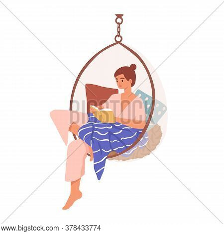 Relaxed Domestic Girl Sitting In Comfy Hanging Chair Reading Book Vector Flat Illustration. Woman Re