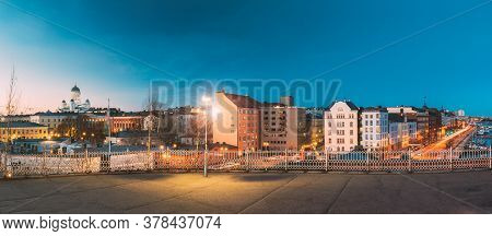 Helsinki, Finland. Panoramic View Of Helsinki Cathedral And Pohjoisranta Street In Evening Night Ill