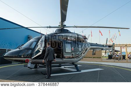 August 30, 2019 Zhukovsky, Russia. The Ansat Helicopter In The Aurus Design At The Maks-2019 Interna