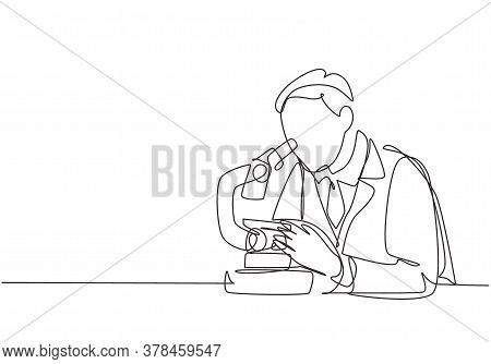 One Continuous Line Drawing Of Young Male Scientist Analyze Corona Virus Cause Covid-19 Disease Usin