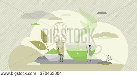 Matcha Tea Drink As Asian Culture Traditional Taste Beverage Flat Tiny Persons Concept. Hot Herbal O