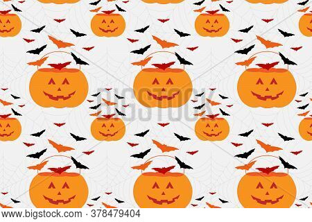 Pumpkin Bucket With Bats Seamless Pattern. Vector Hand Drawn Halloween Illustration For Print Design