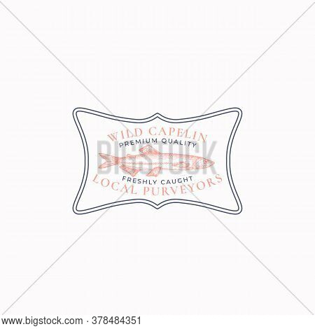 Fish Vintage Frame Badge Or Logo Template. Hand Drawn Wild Ocean Capelin Sketch Emblem With Retro Ty