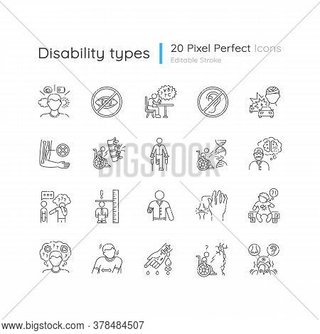 Disability Types Linear Icons Set. Blindness And Deafness. Developmental Delay Form Dyslexia. Custom