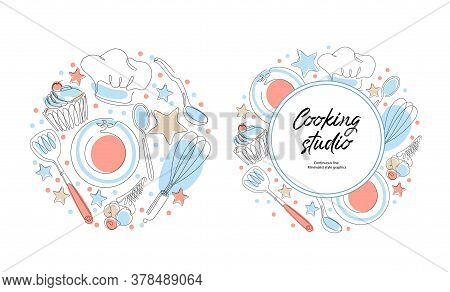 Culinary Products And Cooking Utensils. Cupcakes, Plates, Spoons, Cook Hat.