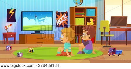 Kids Watch Tv. Children Interior, Child Boy Teenagers Apartment, Boys Sitting On Carpet With Friend 