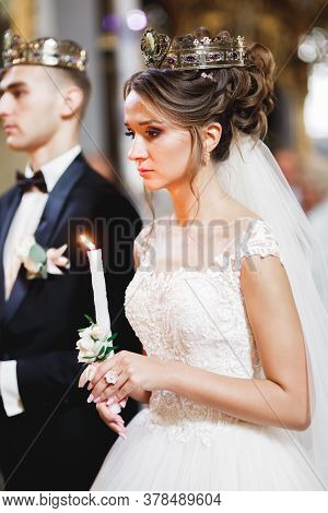 Wedding Couple Bide And Groom Get Married In A Church