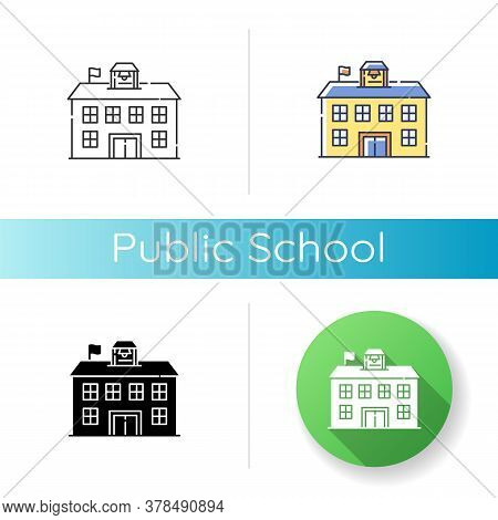 Public School Icon. Linear Black And Rgb Color Styles. Educational Institution Funded By Government.