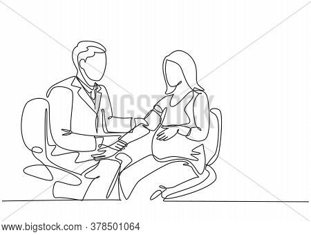 One Single Line Drawing Of Male Obstetrics And Gynecology Doctor Checking The Patient Blood Pressure