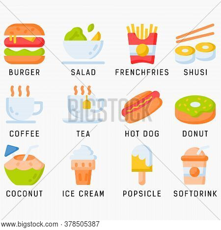 Food And Drink Icon Set With Flat Style In Isolated White Background. Food And Drink Vector Icon Set