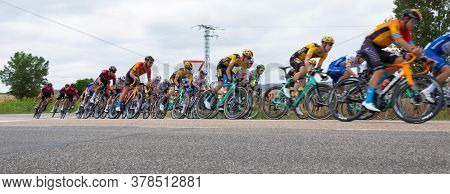 Burgos, Spain - July 28 - 2020: Platoon Coming Out Of The Turn In The Vuelta Ciclista A Burgos 2020 