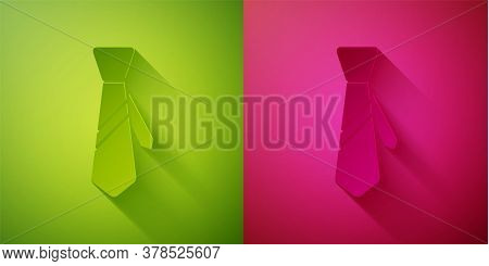 Paper Cut Tie Icon Isolated On Green And Pink Background. Necktie And Neckcloth Symbol. Paper Art St