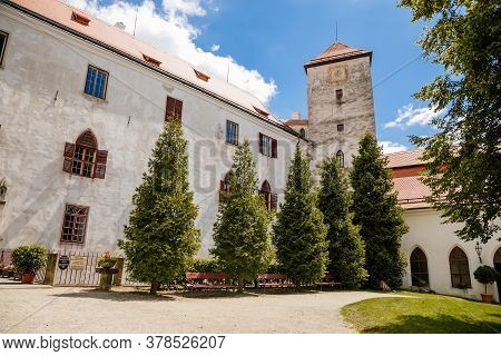 Сourtyard With Clock Tower, Castle Bitov, South Moravia Region, Czech Republic, July 05, 2020