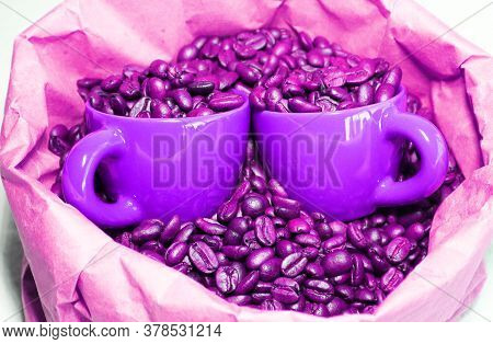 Ceramic Espresso Cups In A Paper Bag With Coffee Beans