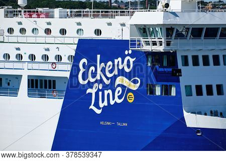 Tallinn, Estonia - July 26, 2020: The Logo Eckero Line On The Board The Ferry.