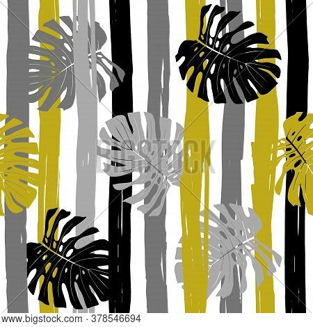 Surface Design Modern Striped Pattern With Monstera Leaves In Monochrome Shades For Wall And Fabric 