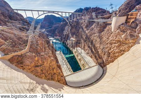 View From Hoover Dam Over Colorado River With Mike O Callaghan Pat Tillman Memorial Bridge In The Ev