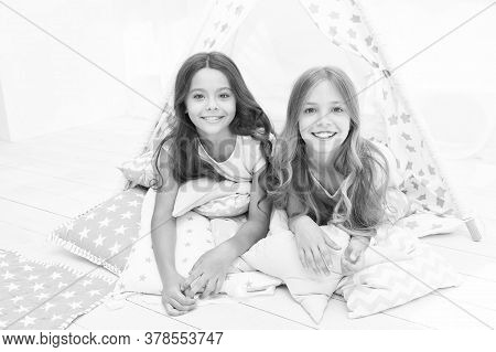 You Are Beautiful Like Me. Happy Kids Relax On Cushions. Beauty Look Of Small Girls. Beauty And Hair