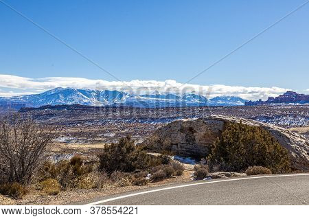 Panoramic Picture Of Mount Waas From Arches National Park In Winter