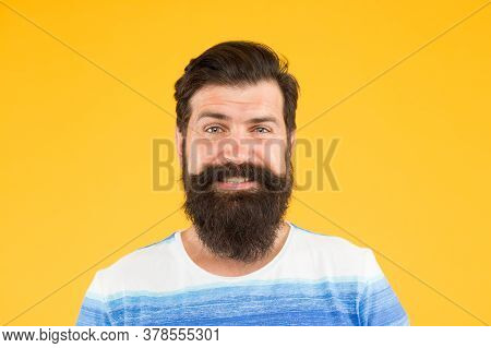 Smiling Face. Man Bearded Stylish Beard Yellow Background. Barber Tips. Beard And Mustache. Hipster 
