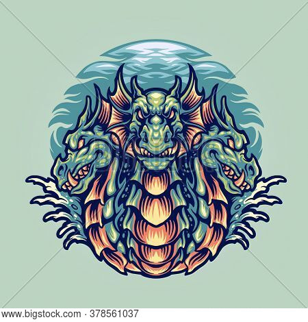 Dragon Hydra Character Mascot Illustrations For Merchandise And Clothing Line