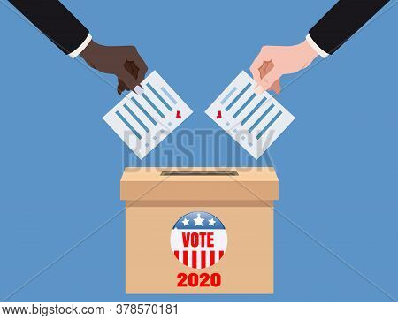 The Us Presidential Election 2020. Hands Putting Voting Blancs Papers In Vote Box, Ballot Campaign. 