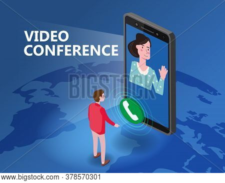 Online Meeting Video Conference Man On Screen Phone Talking By Internet In Videocall, Chat, Isometry