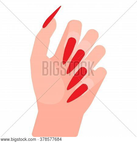 Long Red Nails On Woman Hand. Nail Extension, Extreme Length. Cover Your Nails With Red Polish. Girl