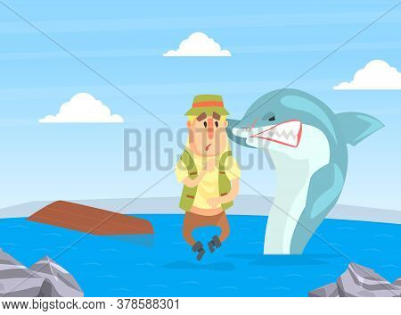 Dolphin Saving Fisherman From Capsized Wooden Boat Cartoon Vector Illustration