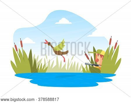 Man Hunter With Shotgun Hunting Ducks In Ambush, Funny Hunter Character Wearing Khaki Clothes And Ha
