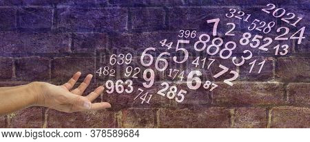Numerologist Concept Brick Wall Banner - Female Hand Sending Out Random Numbers Against A Purple Bro
