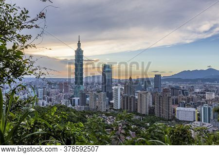 Panoramic Picture Over Taipei From Elephant Mountain In The Evening In Summer