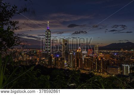 Panoramic Picture Over Taipei From Elephant Mountain In The Evening In Summer