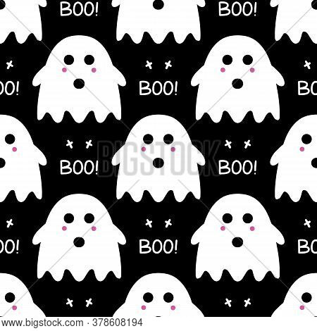 Cute Ghost With Pink Blush, Cross And Boo Lettering As Seamless Pattern On Black Background. Hallowe