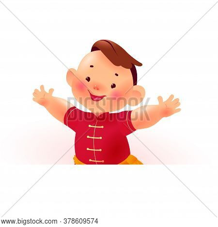Chinese New Year Banner With Happy Boy Mascot Character In Oriental Traditional Hanfu Suit & White P