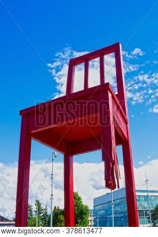 Geneva, Switzerland - June 17, 2016: The Gigantic Broken Chair, Symbol Of The Fight Against Landmine